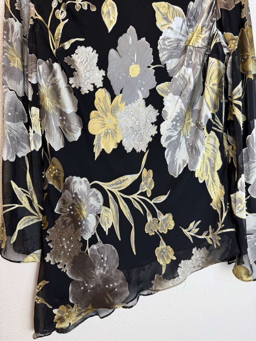 Adrianna Papell Boutique Silk Floral Beaded Asymmetrical Top Bell Sleeve L - Picture 4 of 9